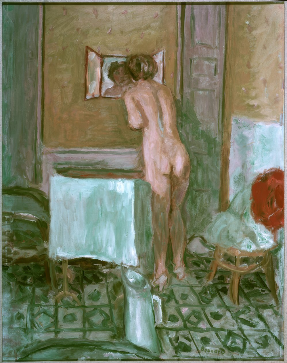 Kırmızı kumaşta çıplak veya tuvalette çıplak by Pierre Bonnard
