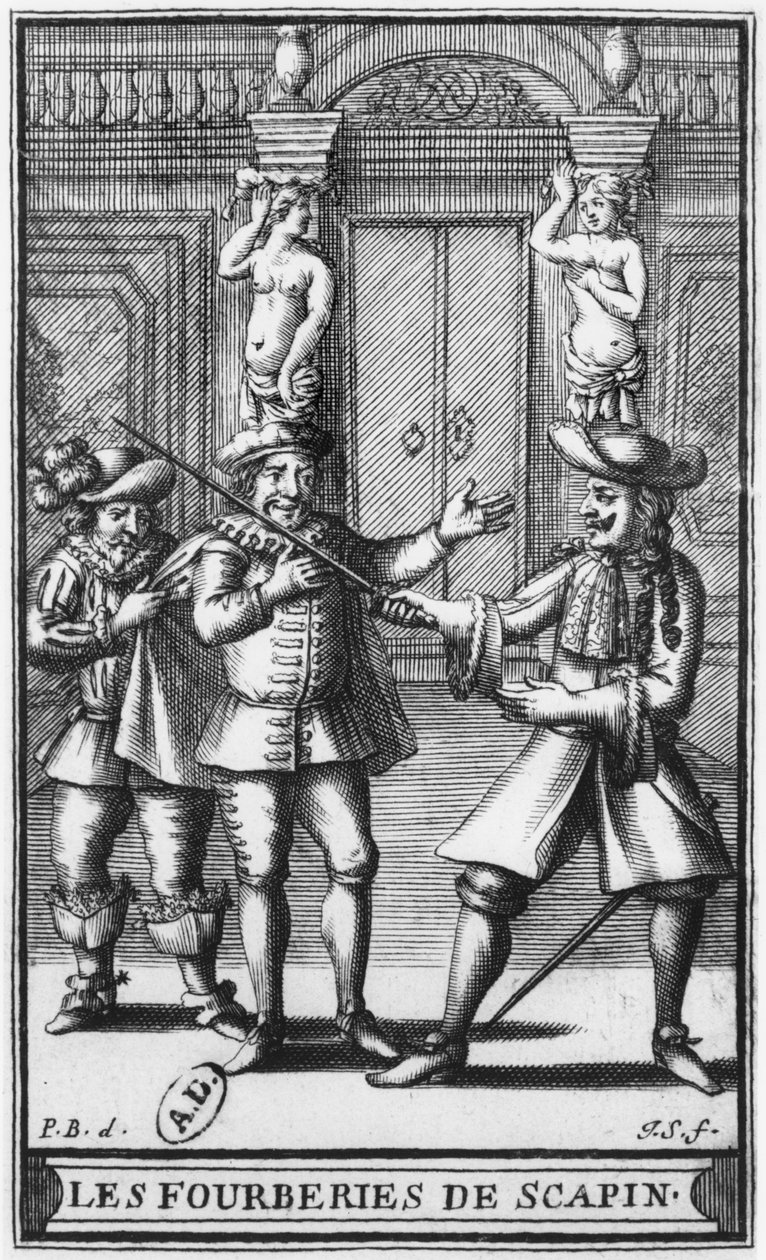 Moliere tarafından 'Les Fourberies de Scapin'den ön cephe illüstrasyonu, Jean Sauve tarafından oyulmuş (fl.1660-91) c.1671 by Pierre Brissart