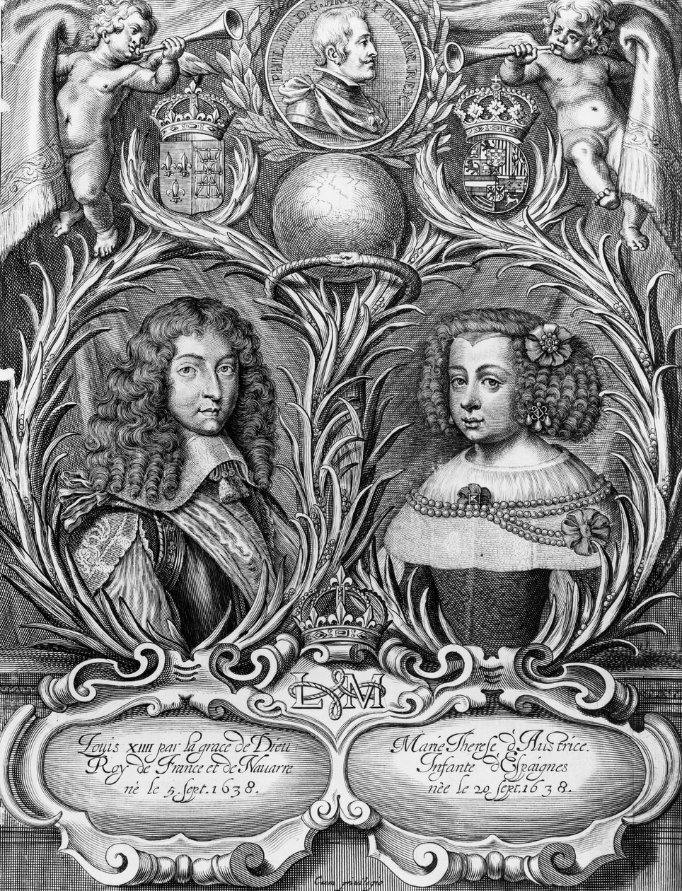 Louis XIV (1638-1715), Fransa Kralı ve Avusturya Marie-Therese (1638-83), Pieter II de Jode (1606-s.1674), 1660 tarafından oyulmuş by Pierre Cocus