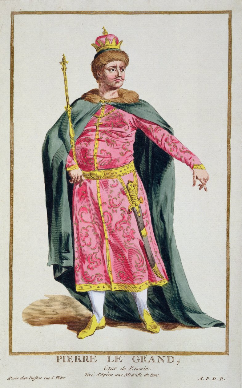 Rusya Çarı I. Büyük Peter'in (1672-1725) portresi, Dünyanın farklı Kostümlerini tasvir eden bir levha koleksiyonundan, 1780 (el rengi yaldızlı bakır gravür) by Pierre Duflos