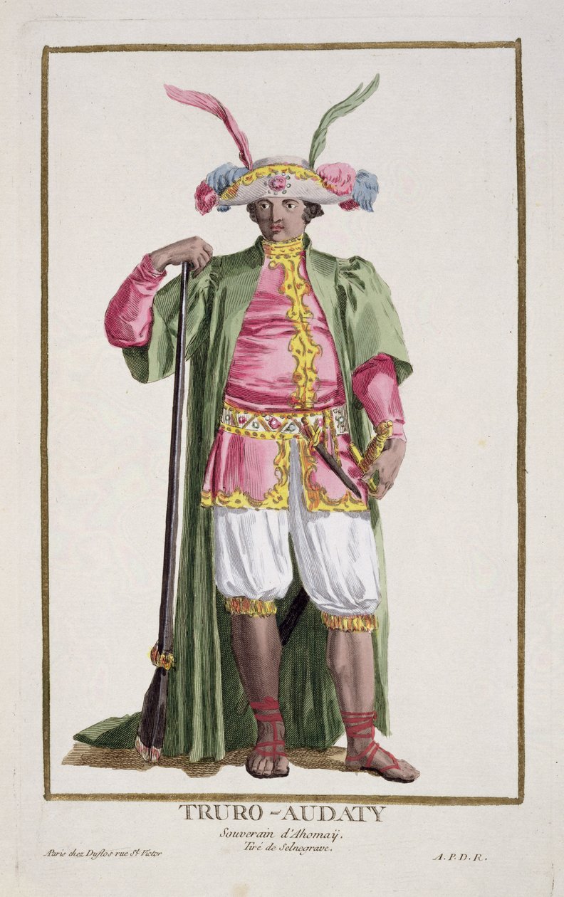Truro-Audaty, Dahomey Kralı 'Receuil des Estampes, Temsilci des Rangs et les Dignites, Tüm Mevcut Milletlerin Kostümüne göre', 1780'de yayınlandı (el renkli gravür) by Pierre Duflos