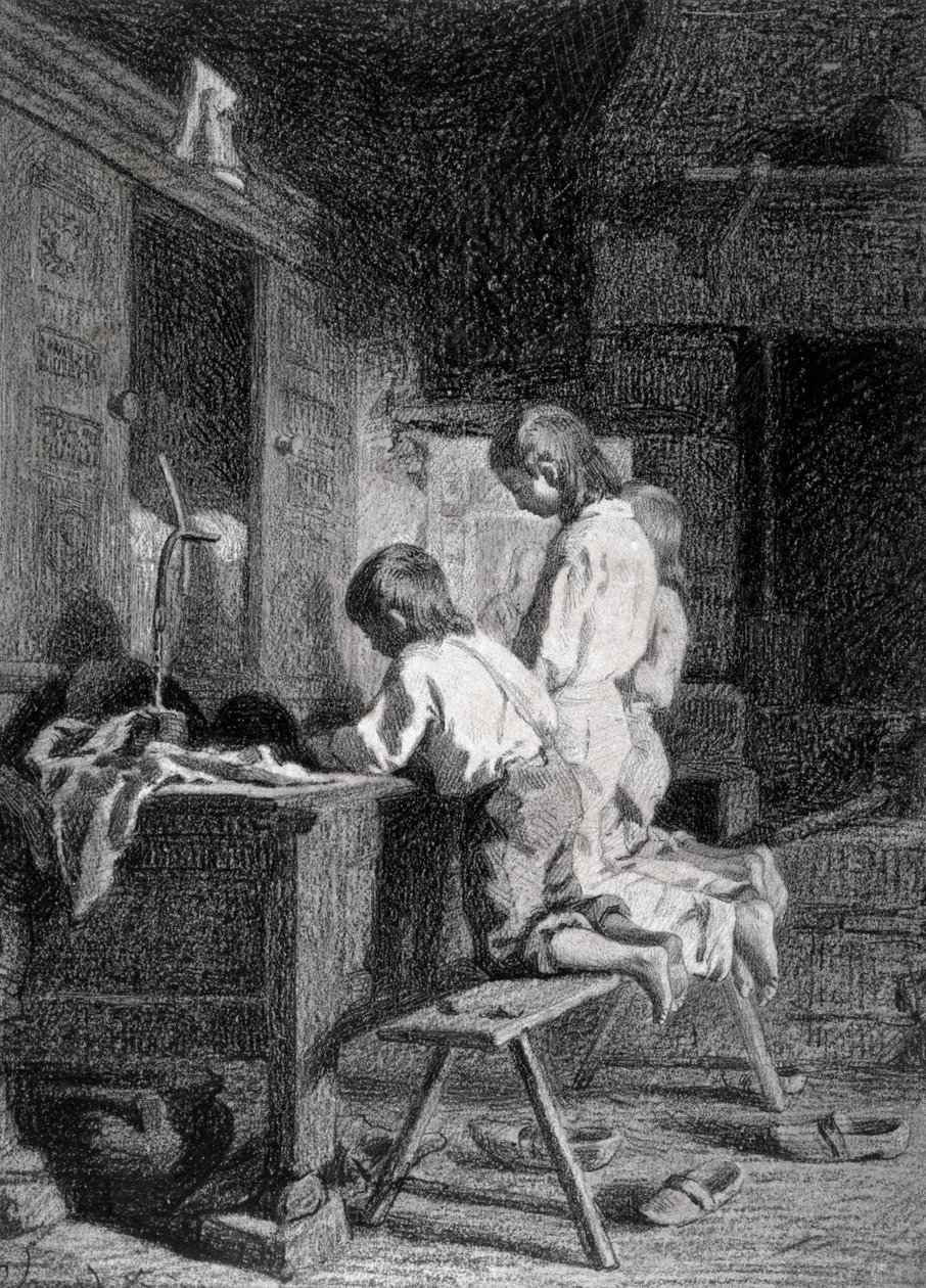 Three Boys Kneeling ile iç mekan (kağıt üzerinde kahverengi mürekkep üzerine siyah mum boya) by Pierre Edouard Frere