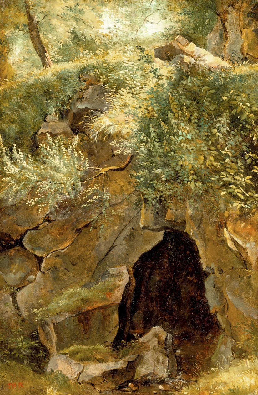 Mağara, 1828-30 (tuval üzerine monte edilmiş kağıt üzerine yağlı boya) by Pierre Etienne Theodore Rousseau