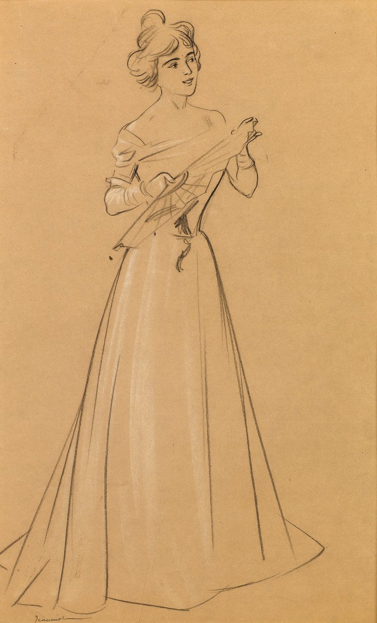 Yelpazeli kadın (kağıt üzerinde beyaz vurgulu siyah tebeşir) by Pierre Georges Jeanniot
