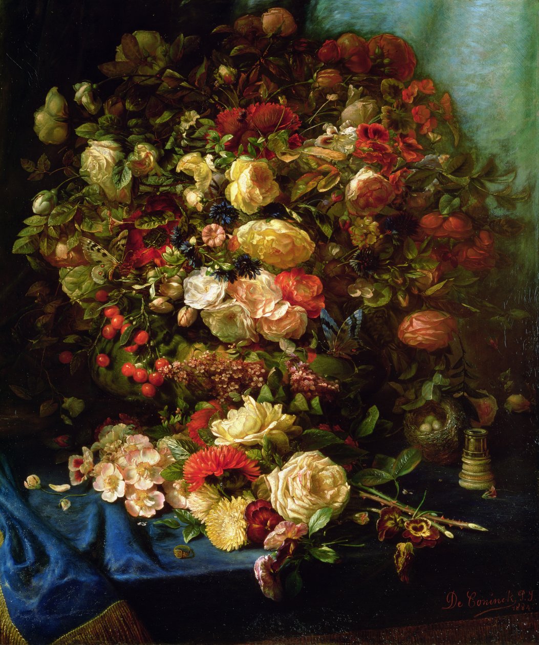 Still Life of Flowers on a Ledge with Birds Nest, 1884  by Pierre Louis de Coninck