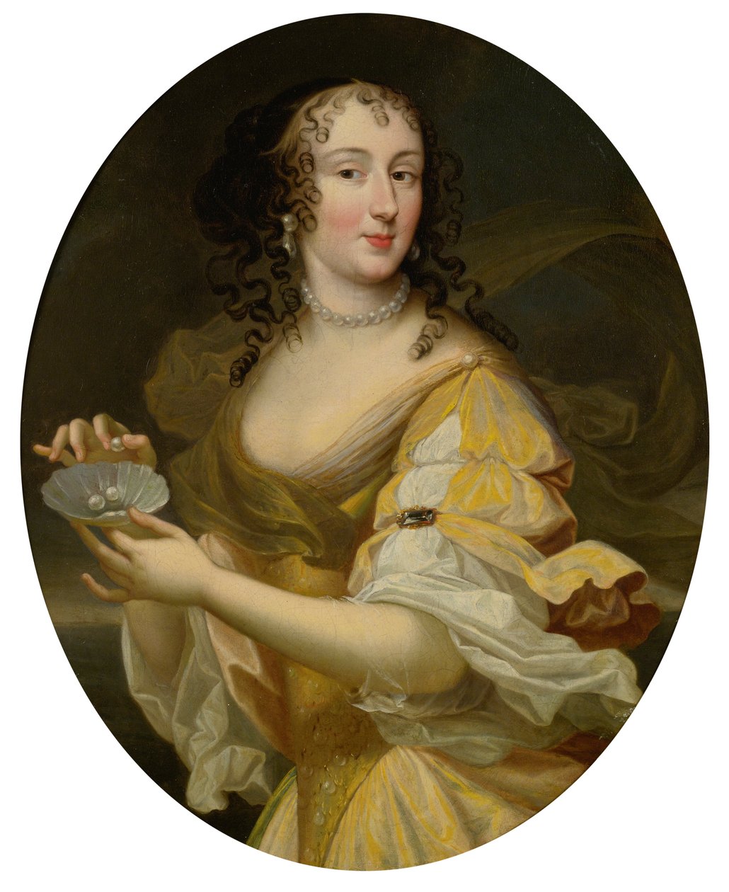 Bir tabak inci tutan alegorik kılığında bir bayan portresi. by Pierre Mignard