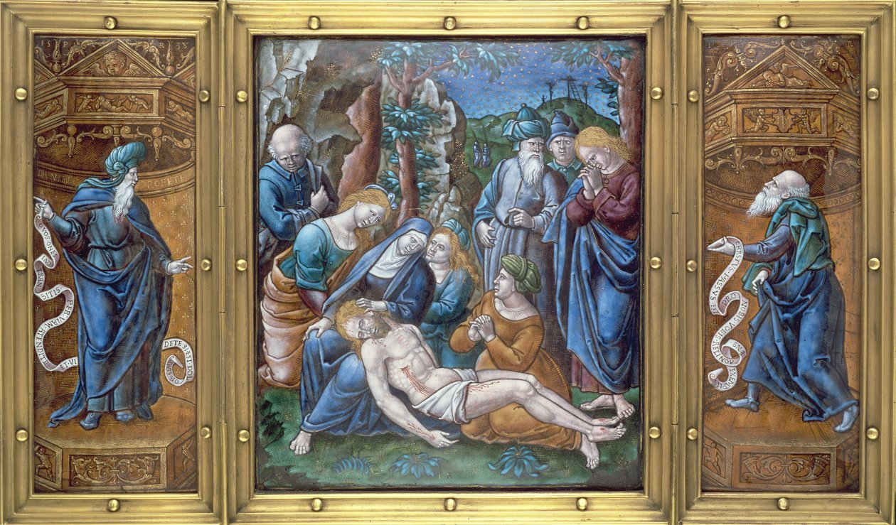 M.1-1926 Üç Parçalı: Lamentation, Daniel ve St. Peter, Limoges, Fransa'da boyanmış, 1538 (bakır üzerine emaye) by Pierre Raymond