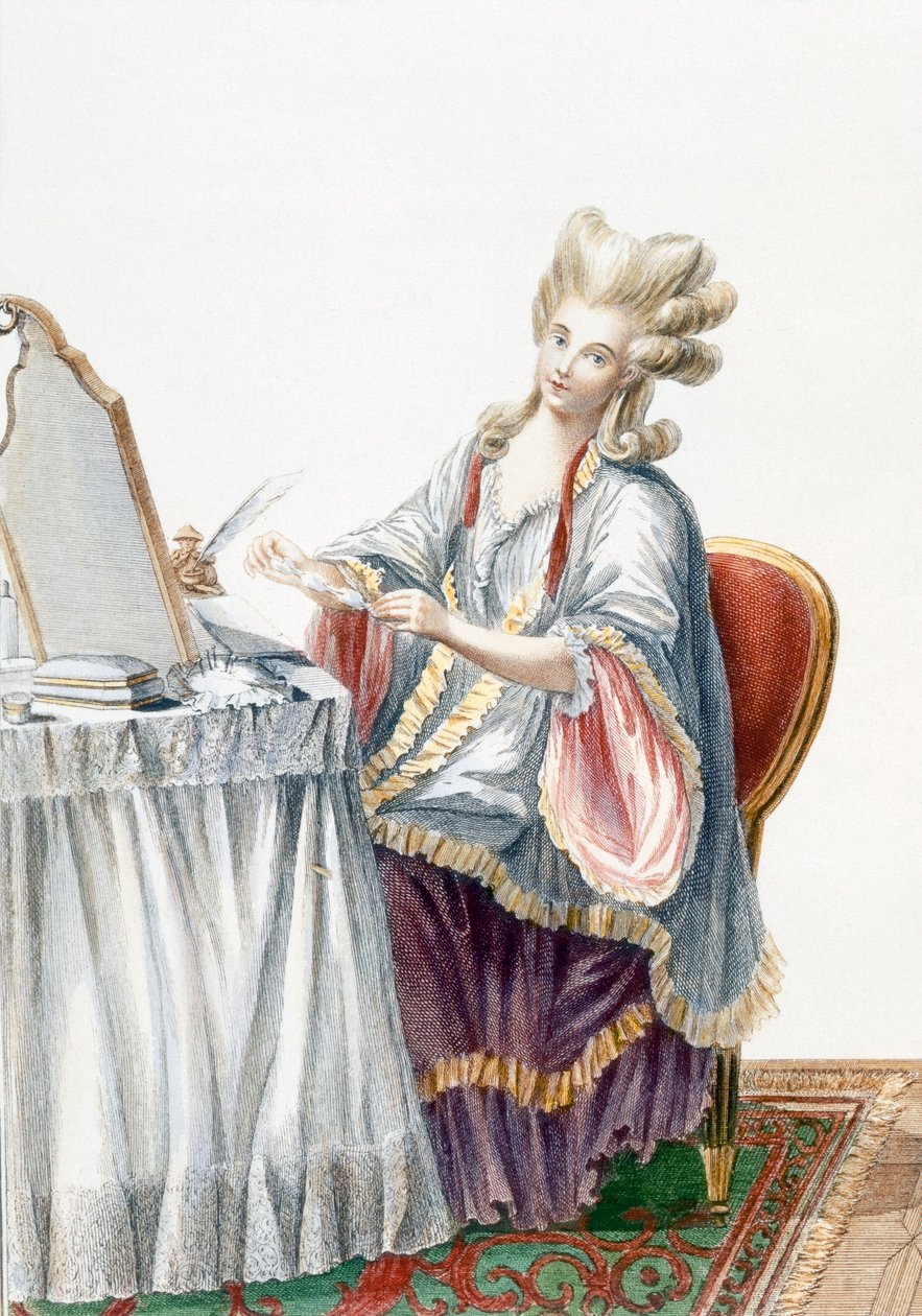 Giyinme Masasında Zarif Kadın, Dupin tarafından kazınmış 'Galerie des Modes et Costumes Francais' plakası, 1778 by Pierre Thomas Le Clerc