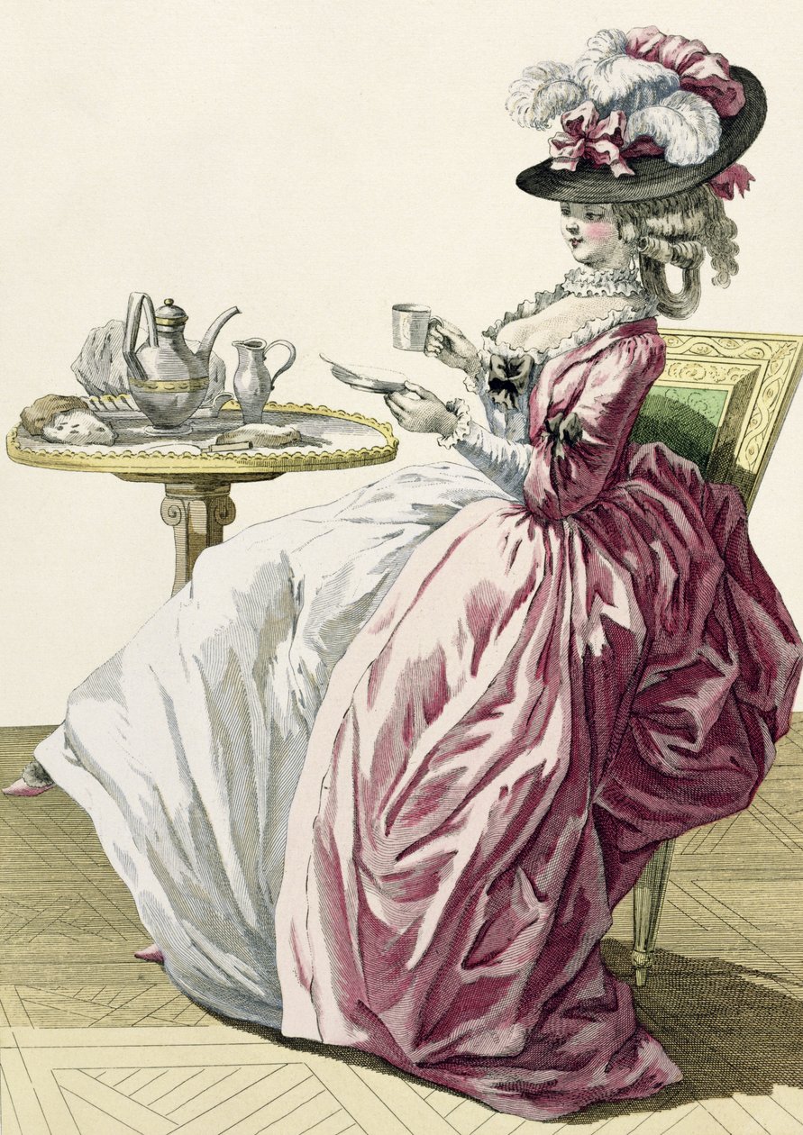 Elbiseli Zarif Kadın 'a l'Anglaise' Kahve İçiyor, 'Galerie des Modes et Costumes Francais'den plaka 183, Bacquoy tarafından oyulmuş, 1778 by Pierre Thomas Le Clerc