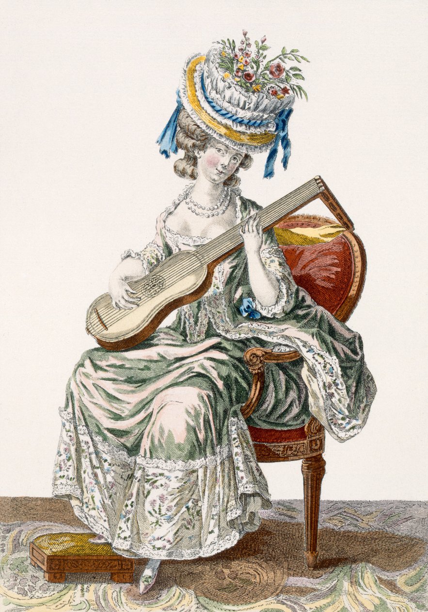 Dantel ile Süslenmiş, Gitar Çalan Bir Tafta Elbiseli Bayan, Charles Emmanuel Patas (1744-1802) 1778 tarafından oyulmuş 