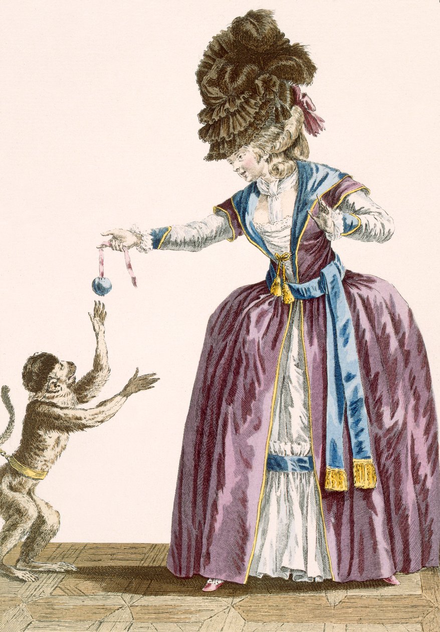 Bayan bir maymunla oynuyor, Patas tarafından oyulmuş, 'Galeries des Modes et Costumes Francais'den 119 numaralı plaka, c.1778-87 99:giyim; geleneksel kıyafet; geleneksel kostüm; moda; ben by Pierre Thomas Le Clerc