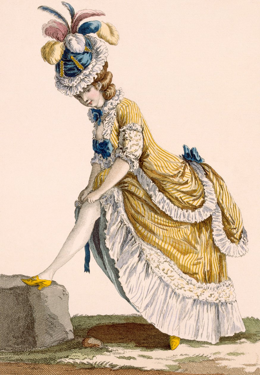 Le Beau tarafından oyulmuş çorabını çeken bayan, 'Galeries des Modes et Costumes Francais'den 1 numaralı plaka, c.1778-87 by Pierre Thomas Le Clerc