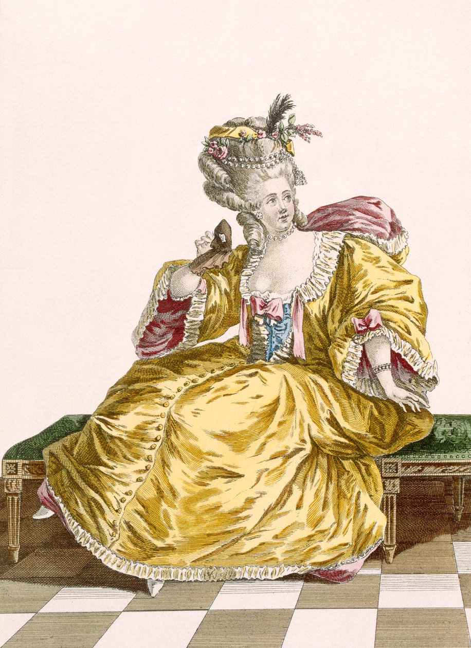 Lady'nin altın tafta balo elbisesi, Patas tarafından oyulmuş, 'Galeries des Modes et Costumes Francais'den 86 numaralı plaka, c.1778-87 99:giyim; geleneksel kıyafet; geleneksel kostüm; moda by Pierre Thomas Le Clerc