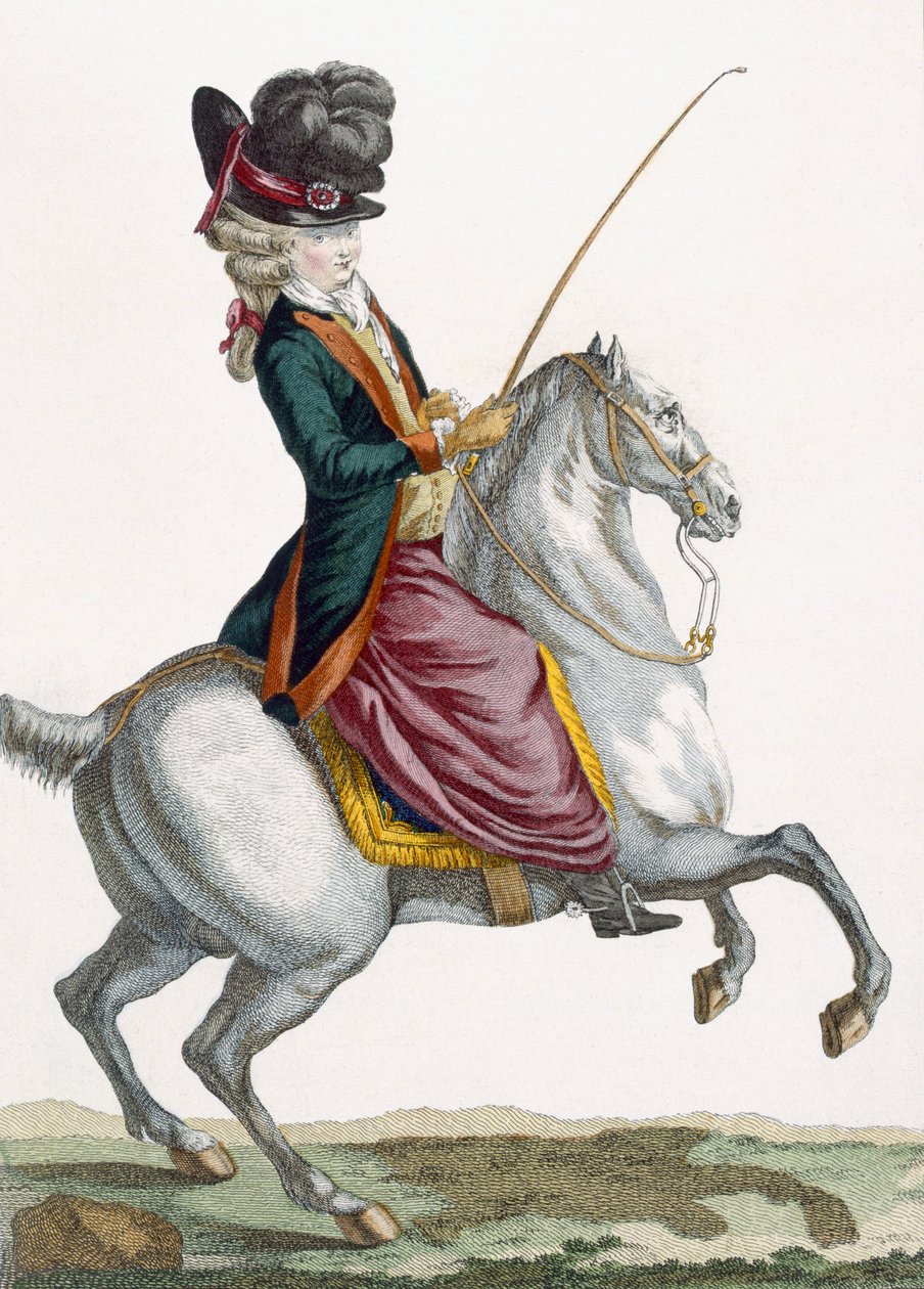 Ata binen genç bayan, Voysard tarafından oyulmuş, 'Galeries des Modes et Costumes Francais'den bir levha, c.1778-87 by Pierre Thomas Le Clerc