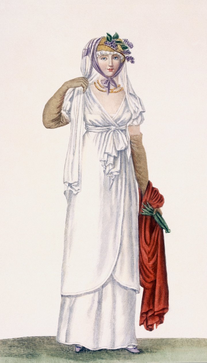 Bayan Yumuşak Yürüyüş Elbisesi, 1805 88: Bir bayanın yumuşak tarz yürüyüş elbisesi; 99: kadın; geleneksel kostüm; geleneksel kıyafet; moda; c19; Beyaz elbise; kırmızı şal; duvak; şapka; y by Pierre de La Mesangere
