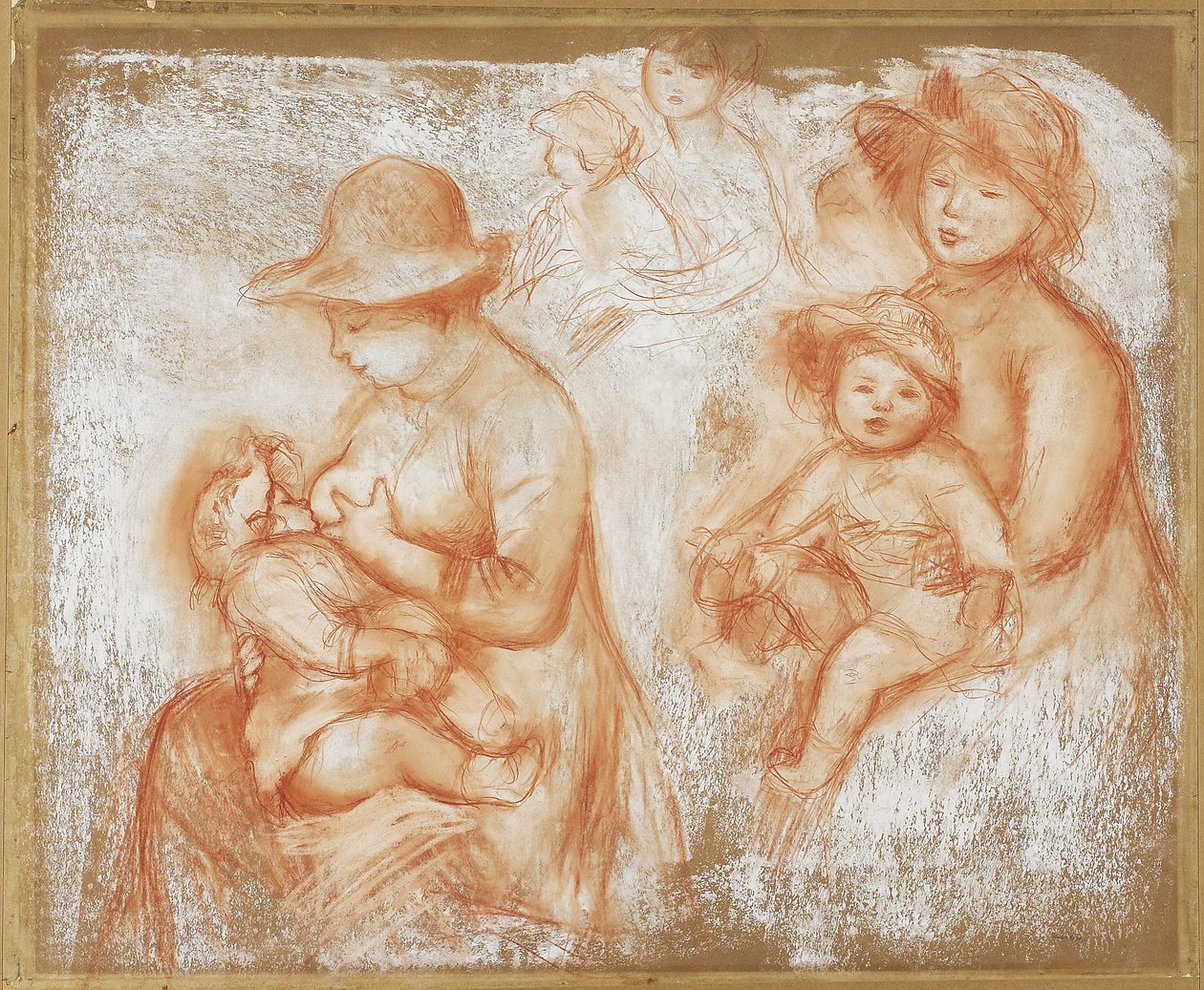 Anne ve Çocuk için Çalışmalar, c.1885 (devetüyü serilmiş kağıt üzerine kırmızı ve beyaz tebeşir) by Pierre Auguste Renoir