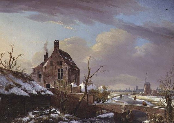 Bir köprünün yanında rakamlarla kış manzarası by Pierre François De Noter