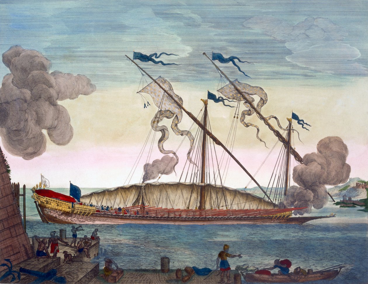 Köleler tarafından kürek çeken bir Kraliyet Kadırgası (İspanyol veya Portekiz), 'Le Naptune Francois'ten bir işaret ateşliyor, c.1693-1700 (el boyaması gravür) by Pierre (1661 1711) Mortier