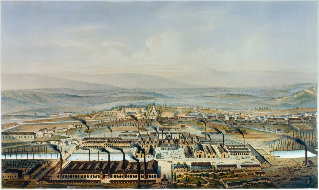 Creusot ve Chateau de la Verrerie atölyelerinin görünümü, Pierre Tremaux (1818-1895) tarafından suluboya sonrası litografi by Pierre (after) Tremaux
