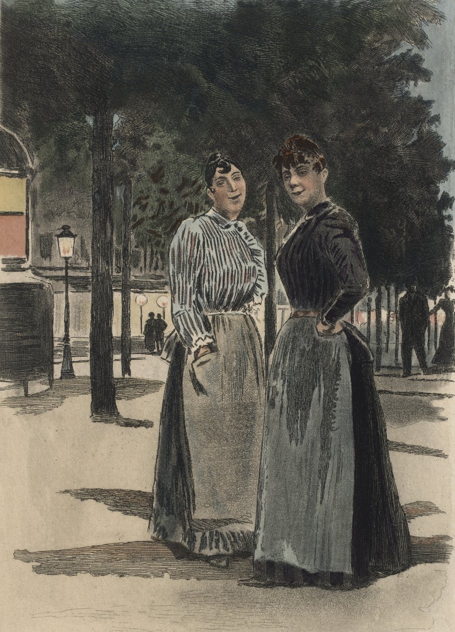 Bulvardaki iki sıradan kadın, Octave Uzanne (1851-1931) 1894 (renkli gravür) tarafından 