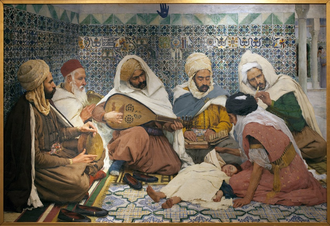 Şeytan Çıkarma: Bir çocuğun vücudundan cinleri kovalayan Arap müzisyenler. Andre Brouillet (1857-1914), Tuval Üzeri Yağlıboya Tablo by Pierre Andre Brouillet