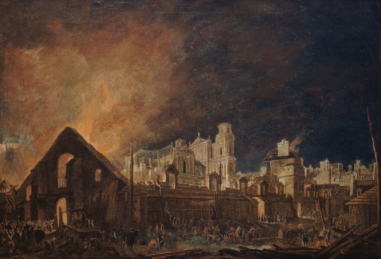 Foire Saint-Germain, 16-17 Mart 1762, 1762 gecesi yangından sonra. by Pierre Antoine Demachy