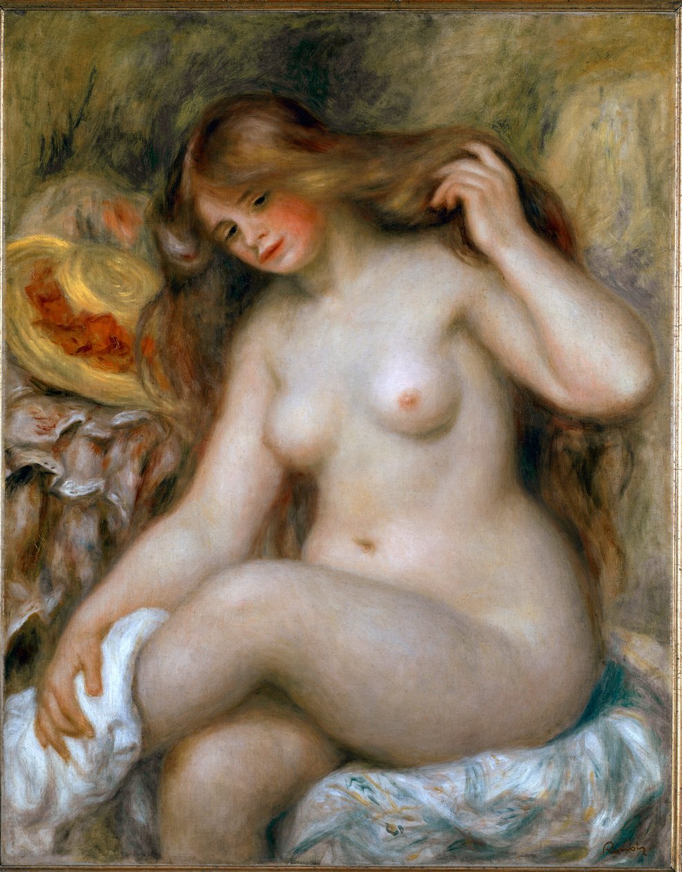 Sarışın yüzücü. Çok uzun saçlı çıplak kadın. Resim Pierre Auguste Renoir (Pierre-Auguste) by Pierre Auguste Renoir
