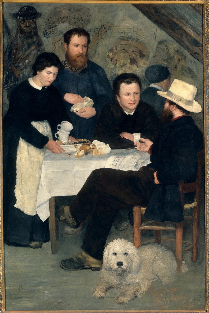 Chez la Mere Antony a Marlotte (Bourron-Marlotte (77)): Claude Monet, Alfred Sisley ve Charles Le Coeur, Mere Anthony ile masanın etrafında, Tablo Pierre Auguste Renoir (1841-1919) by Pierre Auguste Renoir