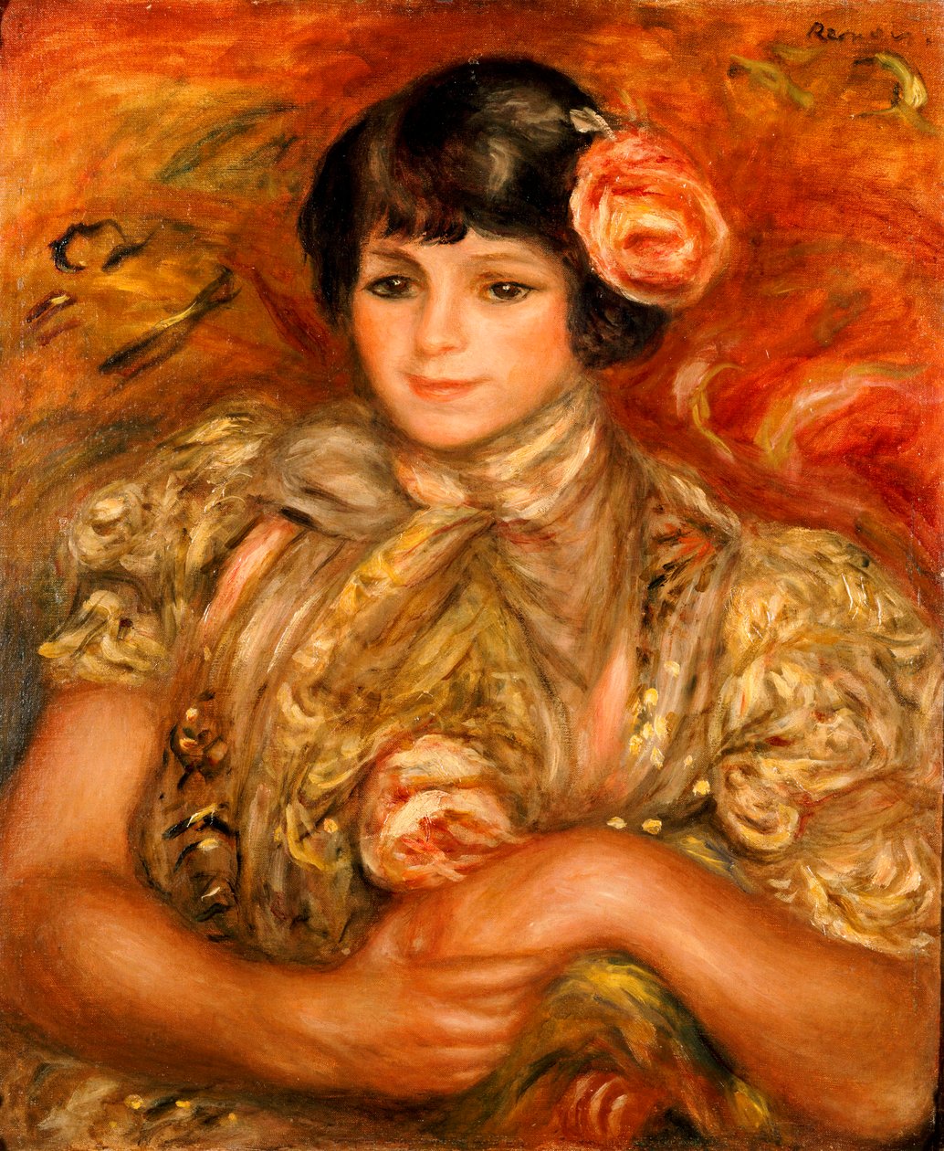 Güllü Kız (tuval üzerine yağlı boya) by Pierre Auguste Renoir