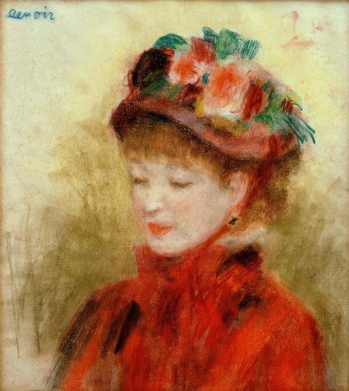 Çiçekli şapkalı genç kadın by Pierre Auguste Renoir
