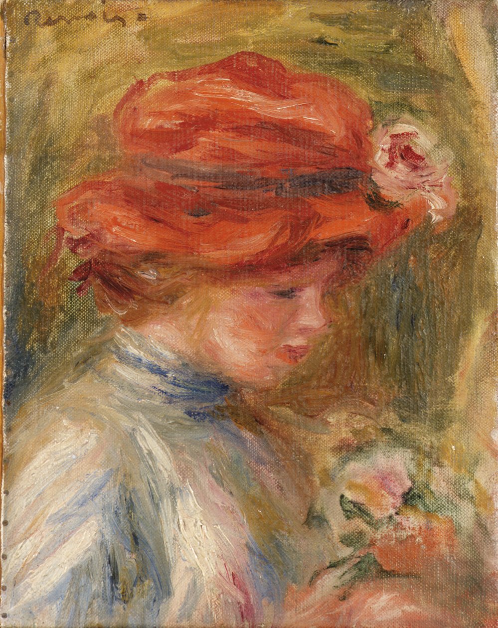 kırmızı şapkalı genç kadın by Pierre Auguste Renoir
