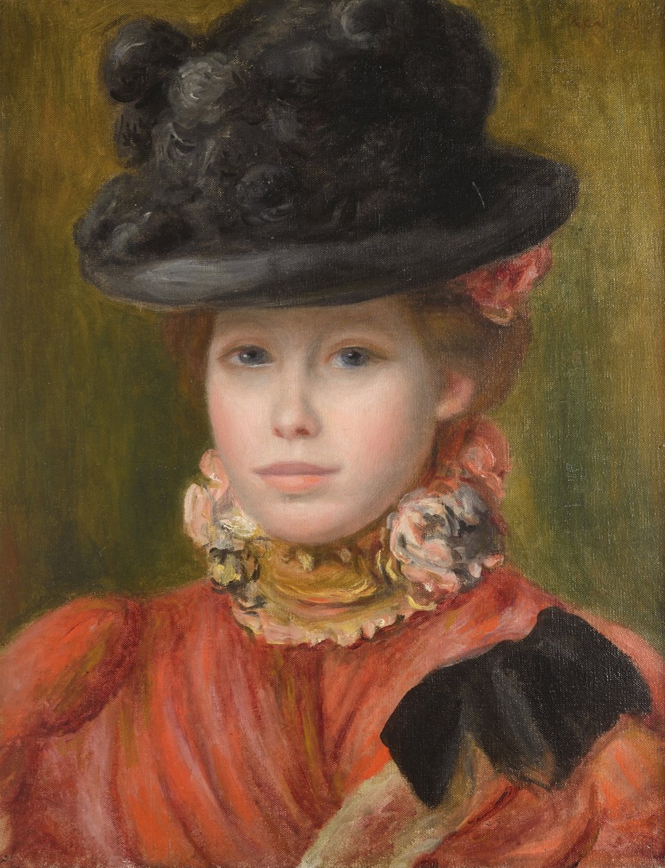 Kırmızı çiçekli siyah şapkalı kız - Kırmızı çiçekli siyah şapkalı kız, Renoir, Pierre Auguste (1841-1919), c. 1890 - Tuval üzerine yağlı boya - Özel Koleksiyon by Pierre Auguste Renoir