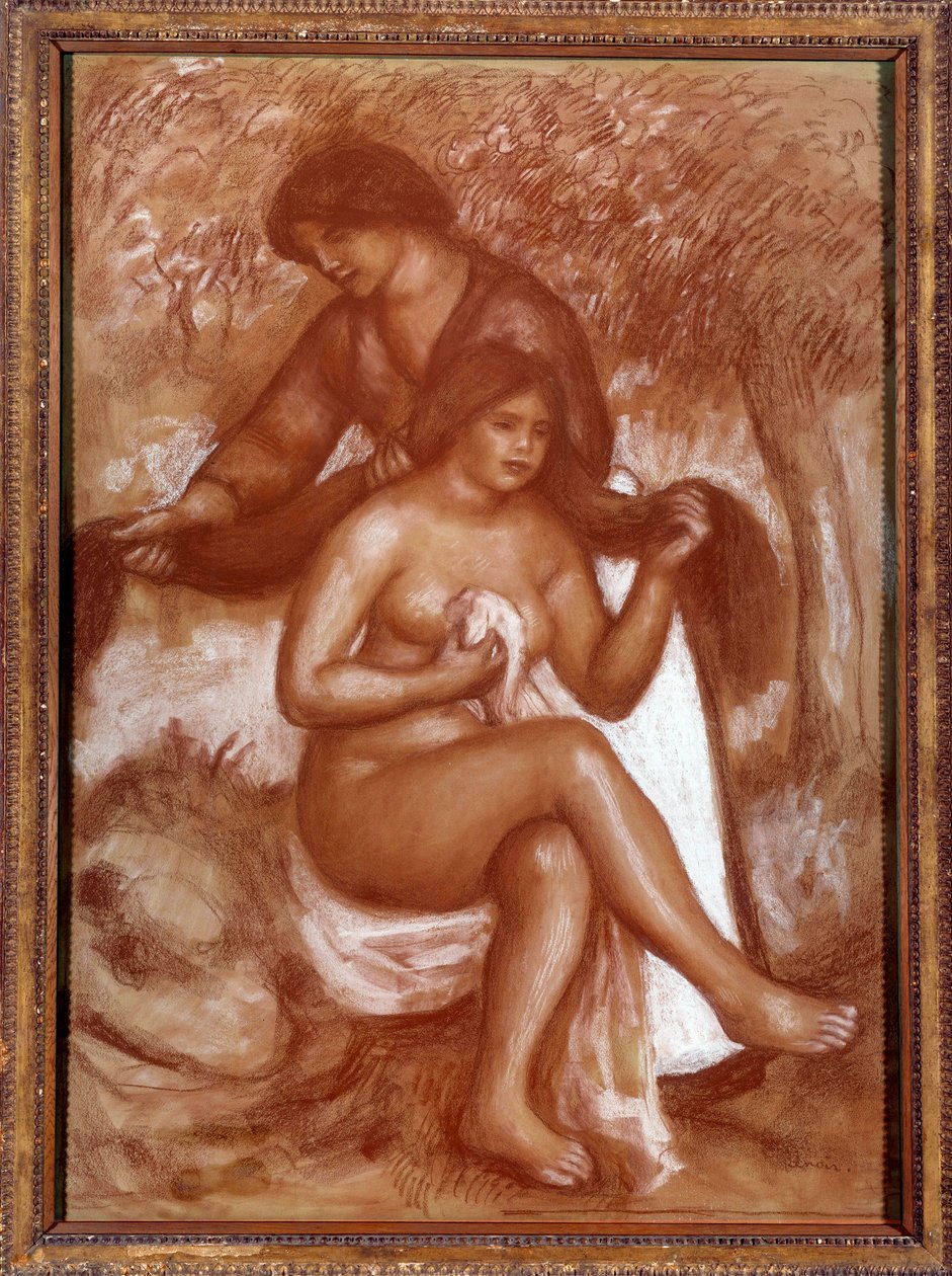 Banyonun saç modeli veya tuvaleti Pierre Auguste Renoir tarafından kan ve beyaz chalaie çizimi by Pierre Auguste Renoir