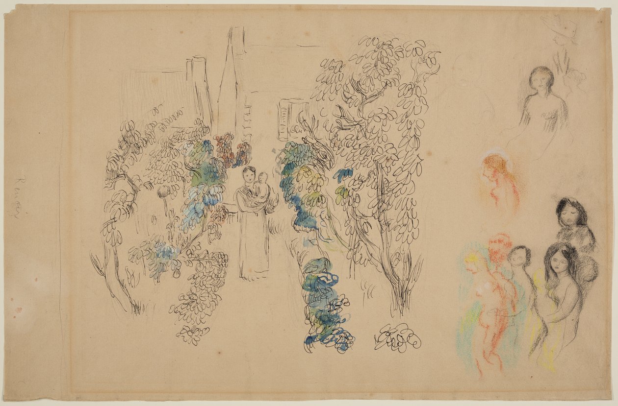 Manzara ve Figürler (kağıt üzerine kurşun kalem, mürekkep, wc ve pastel boya) by Pierre Auguste Renoir