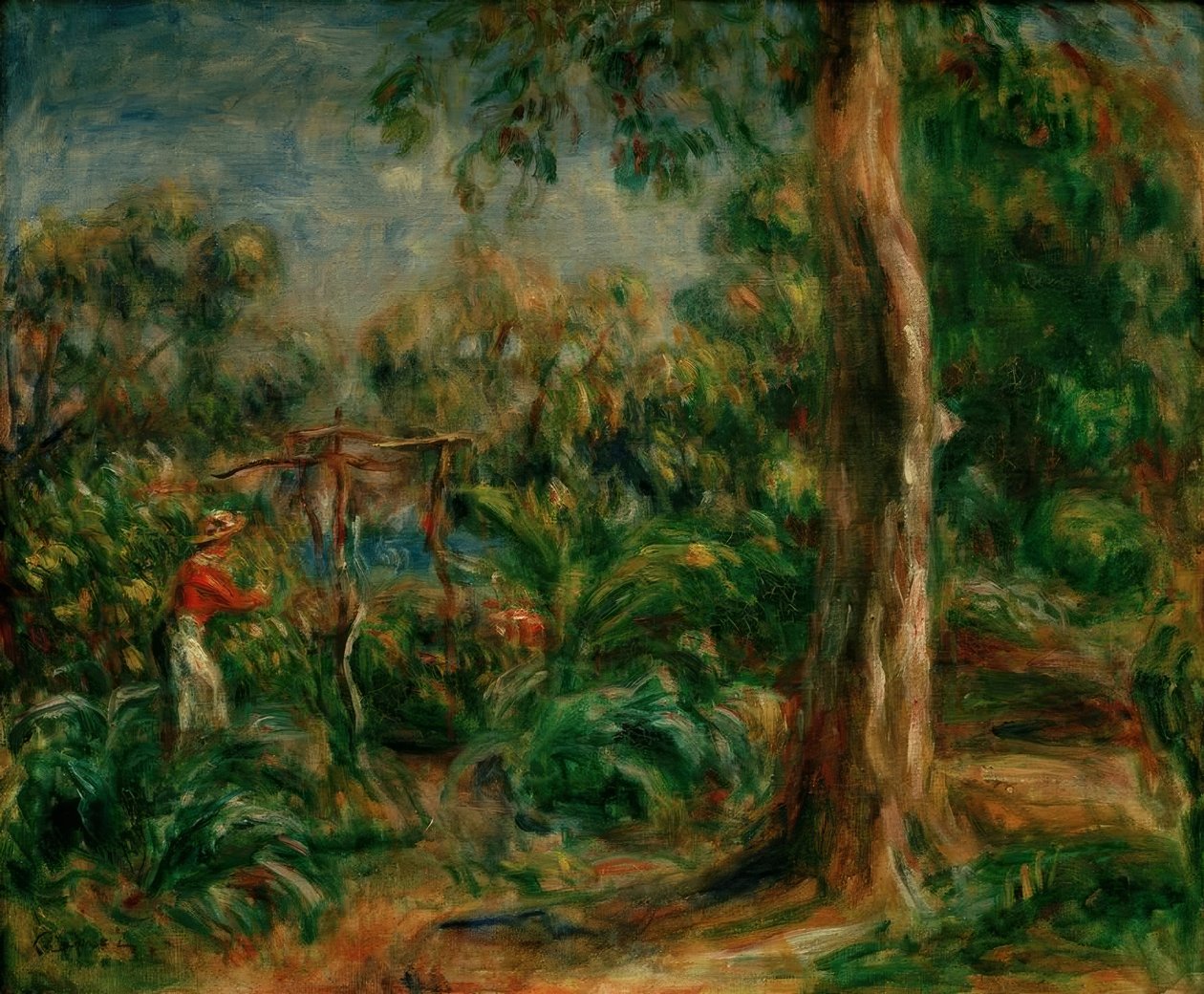 Büyük ağaç. Ca bahçesinde kırmızı korsajlı kadın by Pierre Auguste Renoir