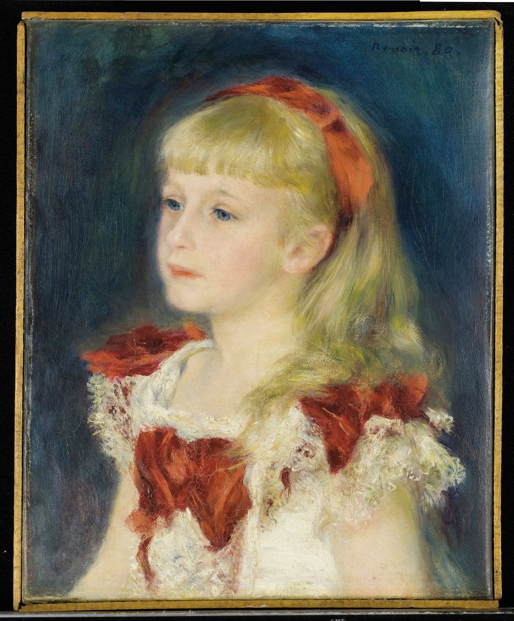 Kırmızı kurdeleli Matmazel Grimprel (Helene Grimprel, yaklaşık 1873-?) - Tablo Pierre Auguste Renoir (1841-1919), tuval üzerine yağlı boya (45x35 cm) by Pierre Auguste Renoir