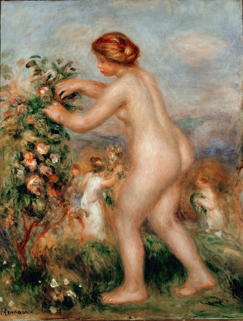 Çiçeklere övgü. Çıplak kadın gülleri ceuillating bir gül ağacına sahiptir. Resim Pierre Auguste Renoir (Pierre-Auguste) by Pierre Auguste Renoir