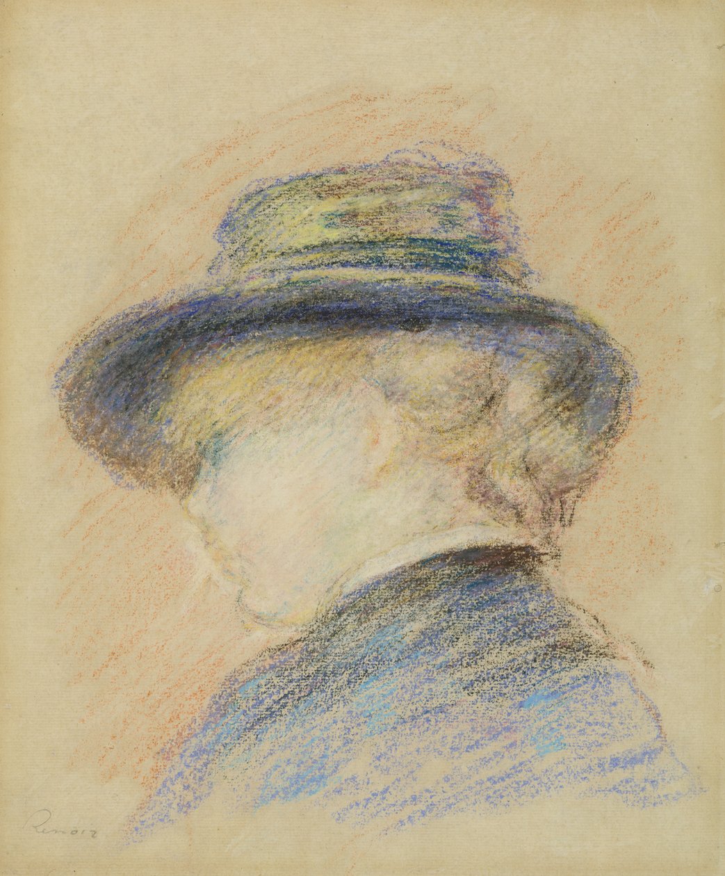 Mavi Şapkalı Genç Bir Kadının Profili (kağıt üzerinde pastel) by Pierre Auguste Renoir