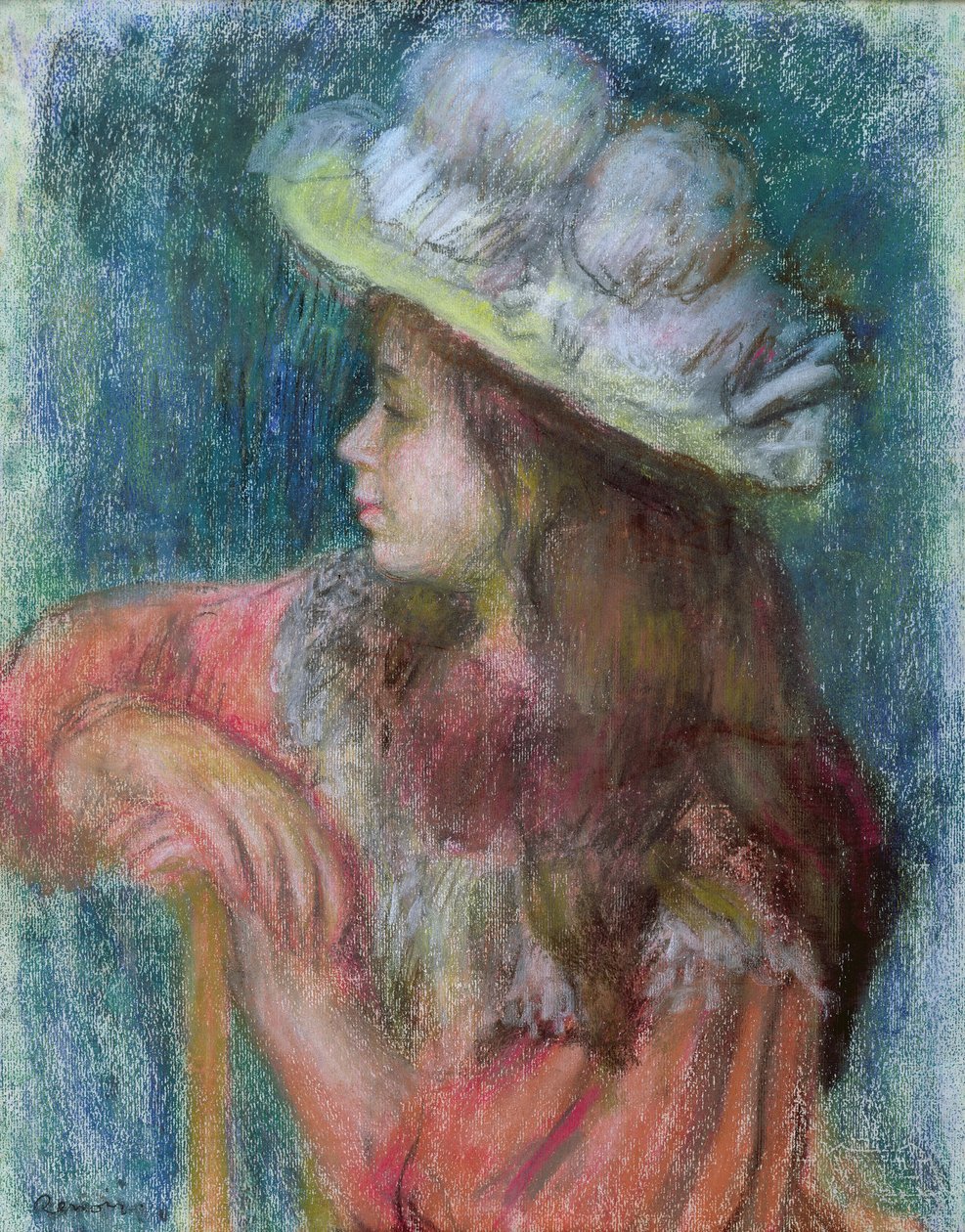 Beyaz Şapkalı Oturan Genç Kız, 1884 (kağıt üzerinde pastel) by Pierre Auguste Renoir