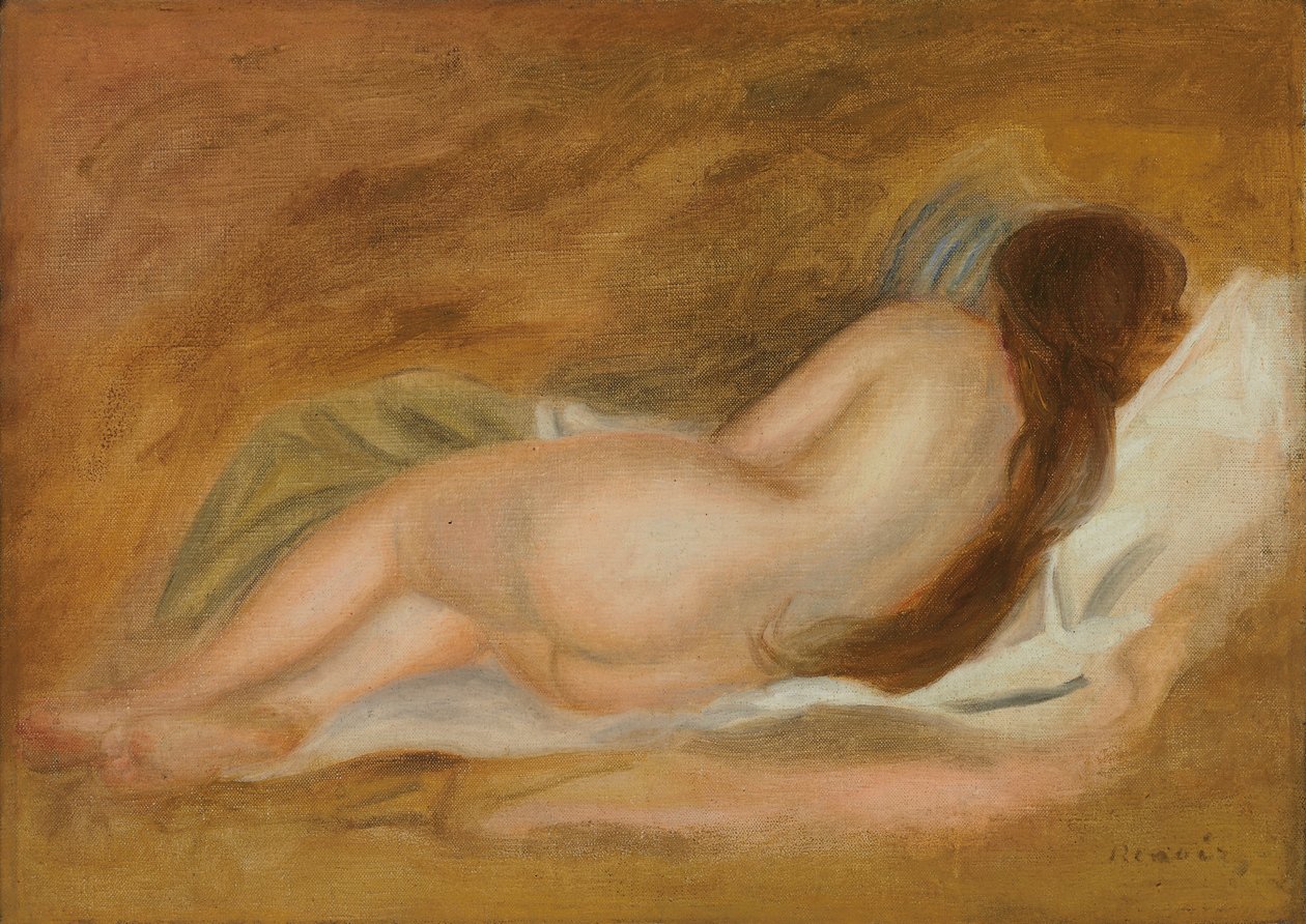 Çıplak Uyuyan, Arkadan Görünüm, Koyu Sarı Arka Plan; Okra Zemin Üzerine Arkadan Görülen Çıplak Kanepe, c.1885 by Pierre Auguste Renoir