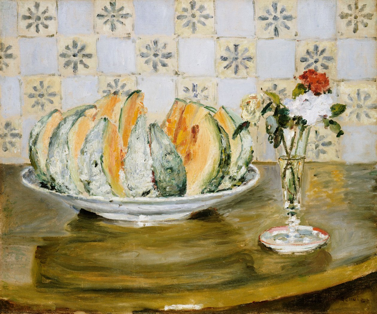 Bir kavun ve bir vazo çiçekten oluşan natürmort, 1872 dolayları by Pierre Auguste Renoir