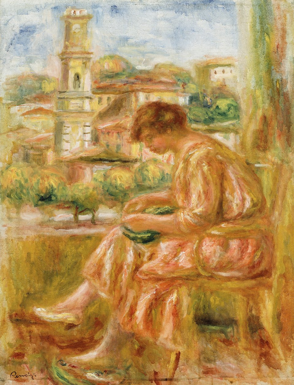 Eski Nice manzaralı penceredeki kadın, 1918 by Pierre Auguste Renoir