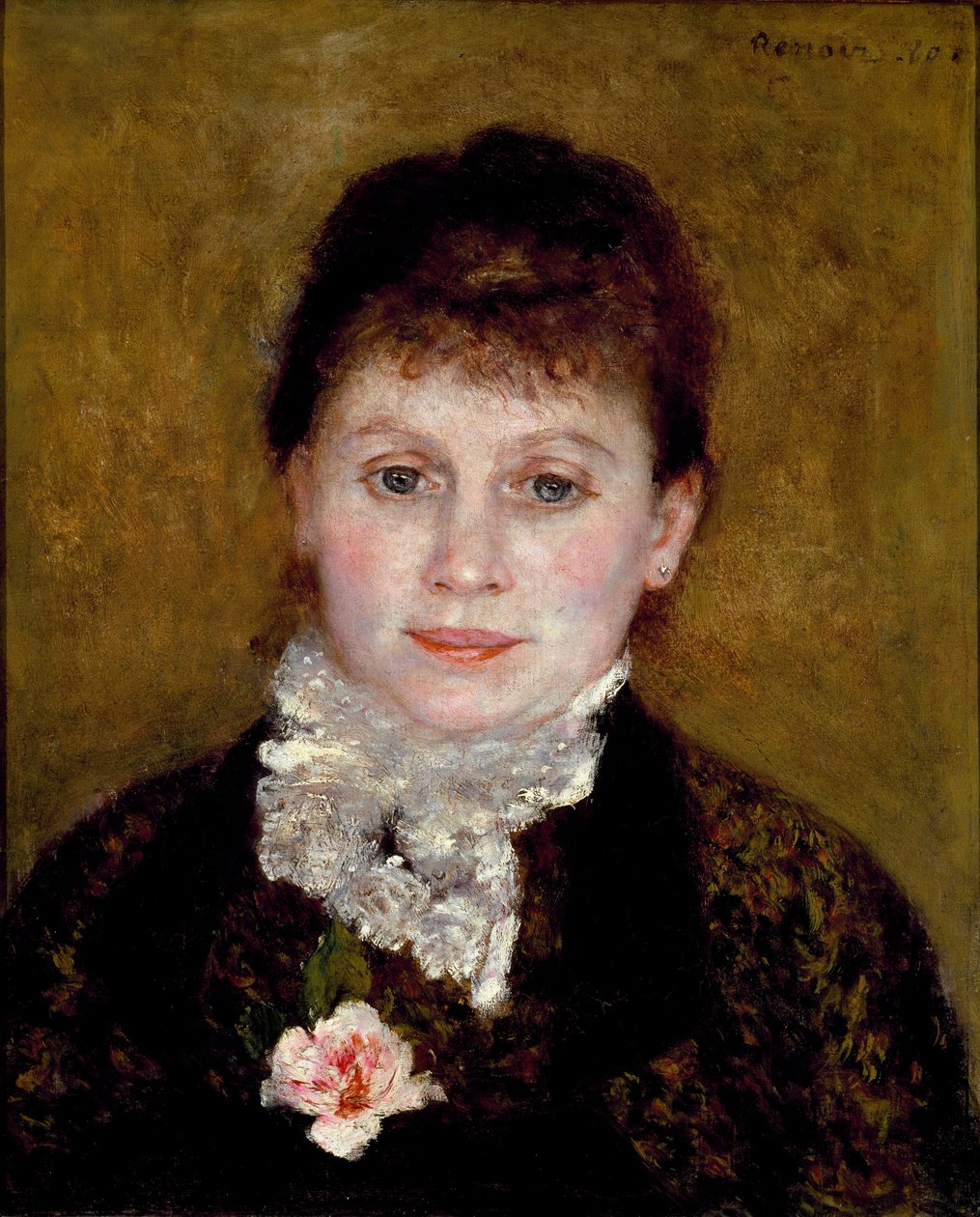 Kadının beyaz yakası var. Güllü bir kadın portresi by Pierre Auguste Renoir
