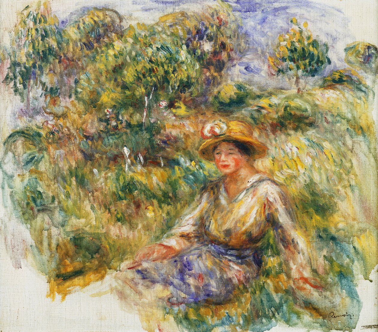 Çimlerde Oturan Mavi Şapkalı Kadın; Çimlerde Oturan Şapkalı Mavili Kadın, 1916 dolayları by Pierre Auguste Renoir