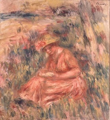 çimenlerin üzerinde oturan kadın by Pierre Auguste Renoir