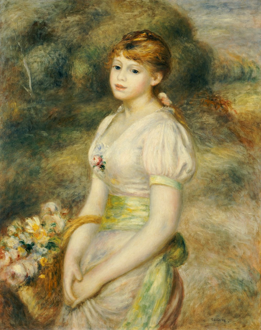 Çiçek Sepetli Genç Kız (tuval üzerine yağlı boya) by Pierre Auguste Renoir