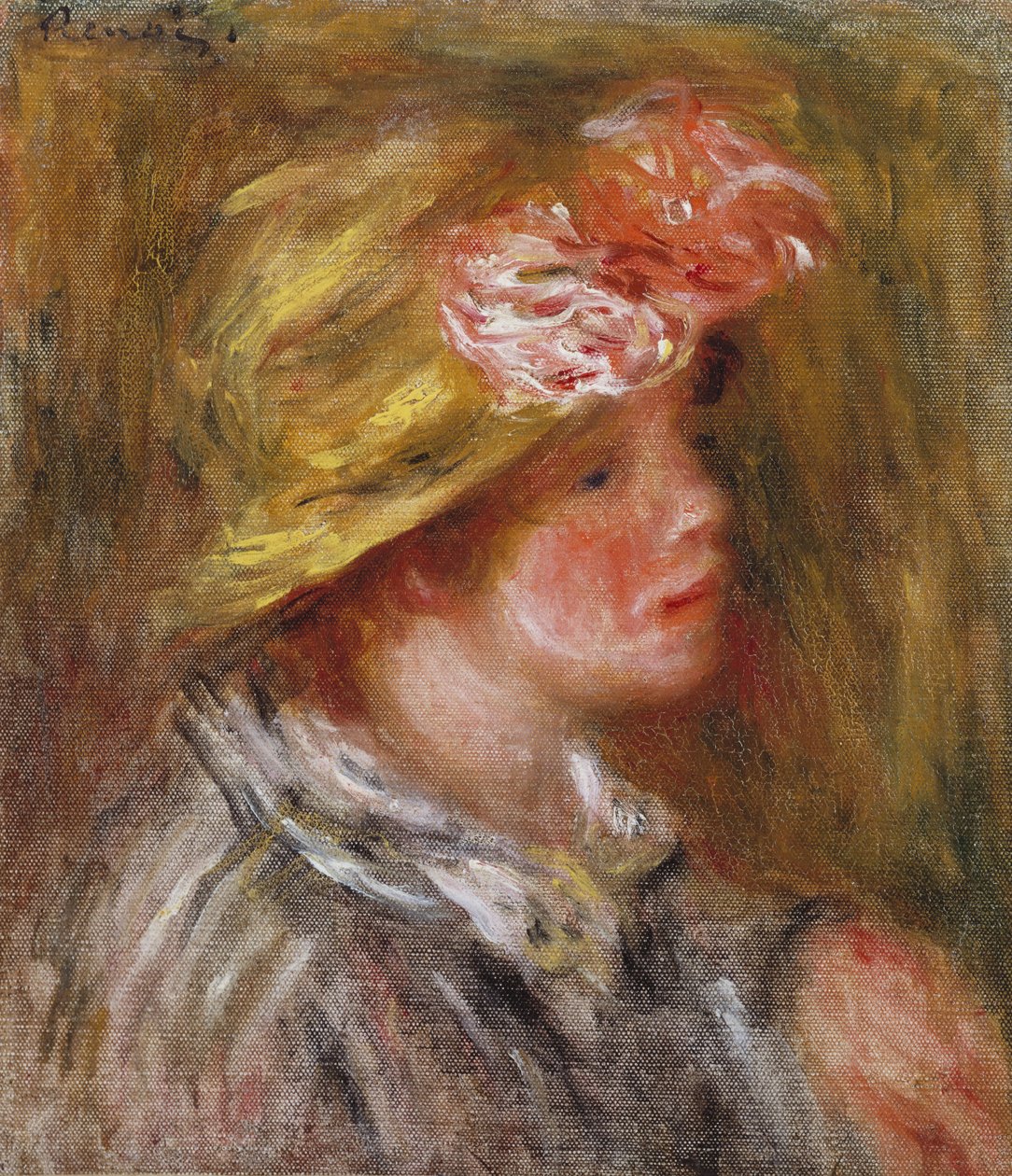 Çiçekli şapkalı genç kadın by Pierre Auguste Renoir