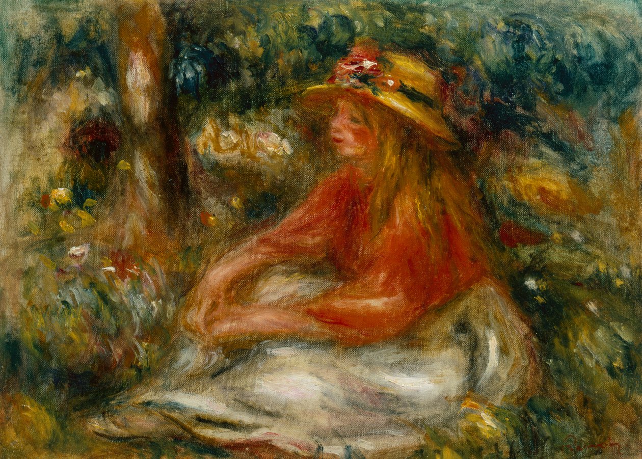 Çimenlere Oturan Genç Kadın (tuval üzerine yağlı boya) by Pierre Auguste Renoir