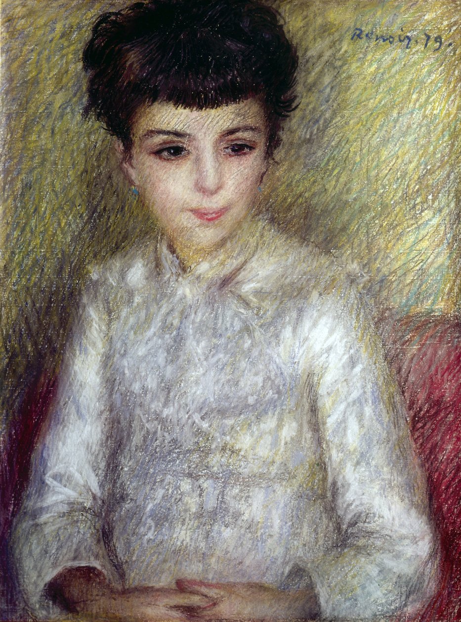 Elleri çapraz oturan genç esmer kız by Pierre Auguste Renoir