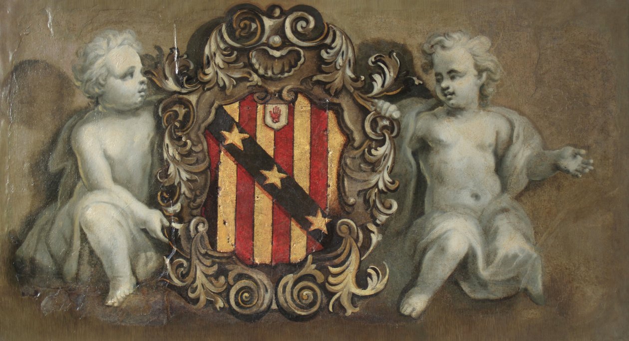Elton kollarıyla bir kartuşu destekleyen iki macun, c.1710-20 (alçı üzerine yağlı boya) by Pierre Berchet